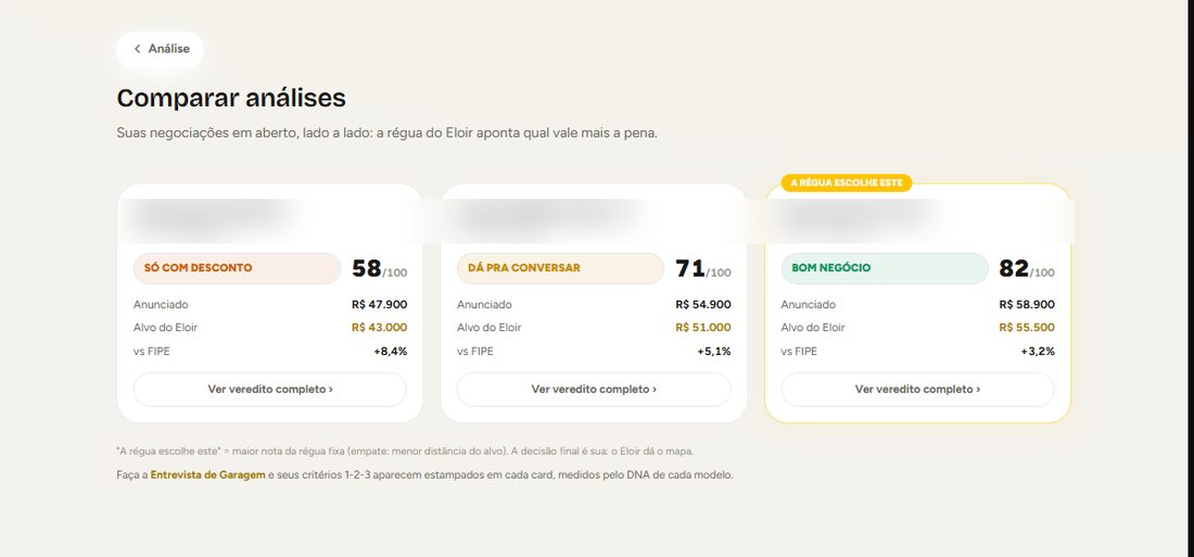 Comparação de vereditos no Garagem 51: três candidatos lado a lado com o selo A Régua Escolhe Este